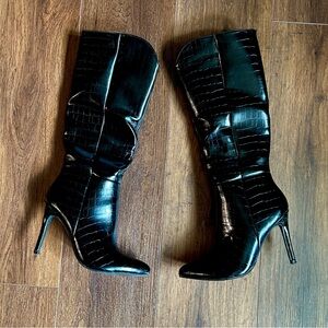 Black Croc-Embossed Knee-High Boots